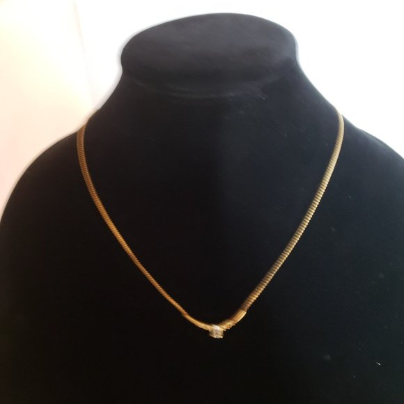 NECKLACE Gold Tone With 4 Small Clear & 1 Center Sky Blue Rhinestones 19” - Picture 11 of 16